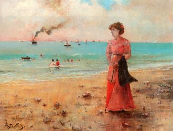 Alfred Stevens : Jeune femme a l'ombrelle rouge au bord de la mer